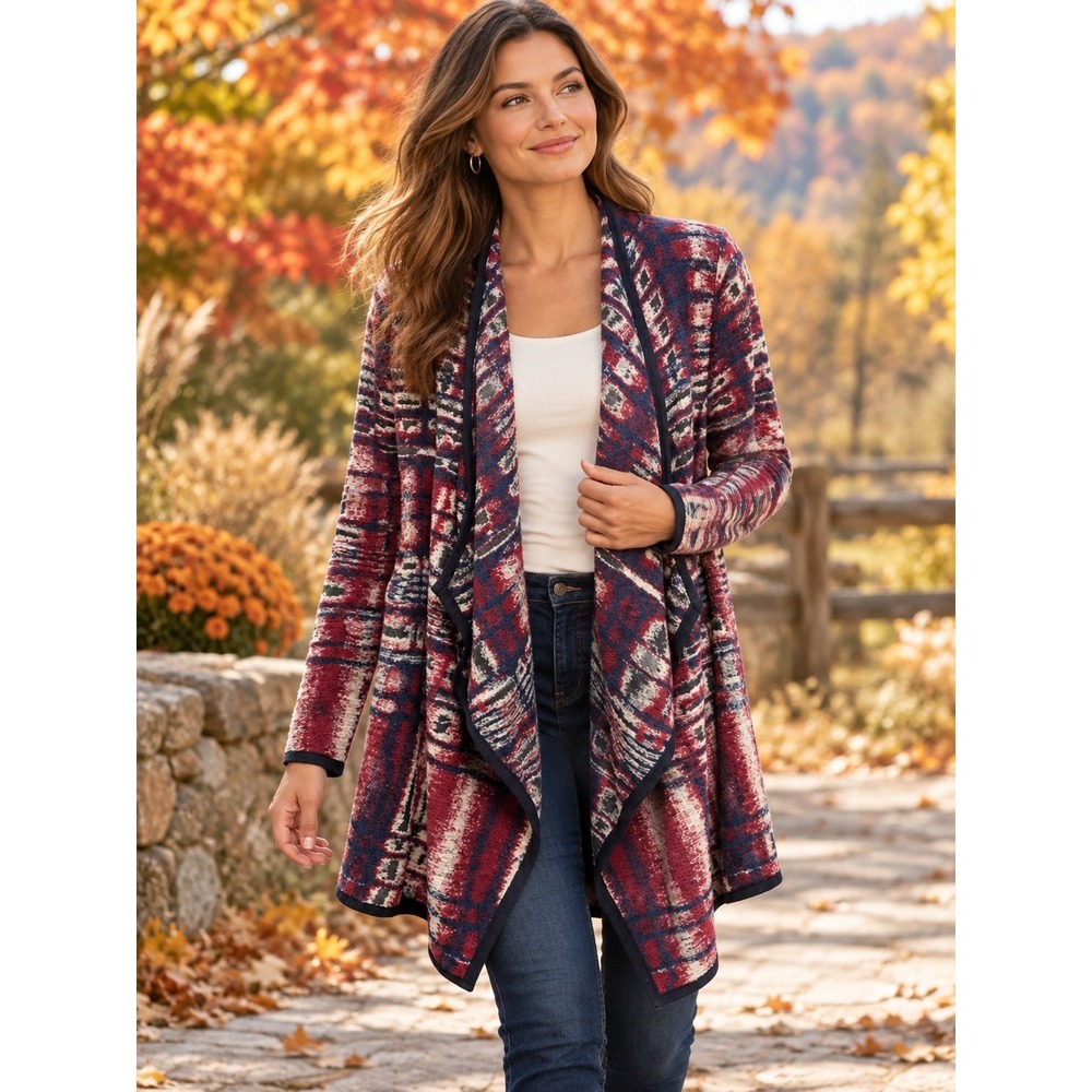 Lucky Brand Aztec  Geometric Print Open Front Draped Knit Cardigan Womens Small